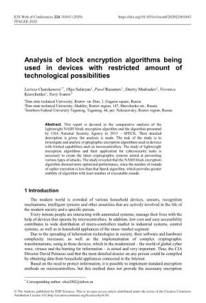 Analysis of Block Encryption Algorithms Being Used in Devices with Restricted Amount of Technological Possibilities