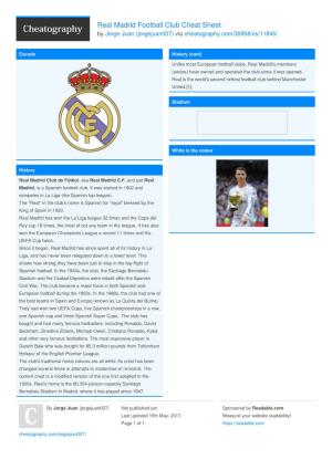 Real Madrid Football Club Cheat Sheet by Jorge Juan (Jorgejuan007) Via Cheatography.Com/35958/Cs/11845