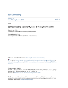 SLIS Connecting, Volume 10, Issue 2, Spring/Summer 2021