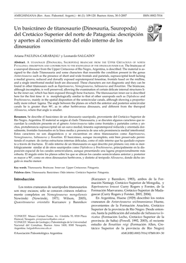 Del Cretácico Superior Del Norte De Patagonia: Descripción Y Aportes Al Conocimiento Del Oído Interno De Los Dinosaurios