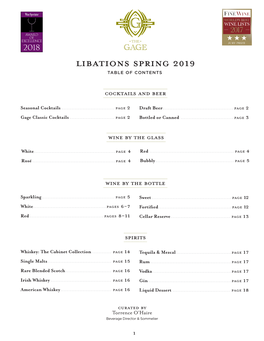 Libations Spring 2019 TABLE of CONTENTS