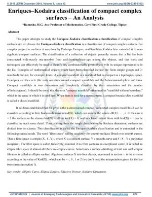 Enriques–Kodaira Classification of Compact Complex Surfaces – an Analysis *Ramesha