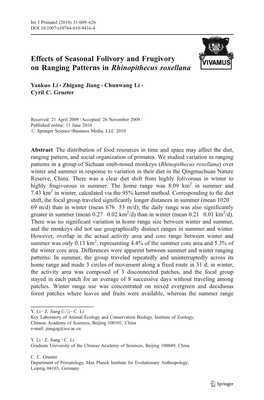 Effects of Seasonal Folivory and Frugivory on Ranging Patterns in Rhinopithecus Roxellana