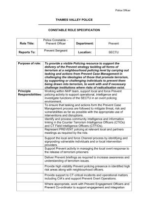 Police Constable – Role Title: Prevent Officer Department: Prevent