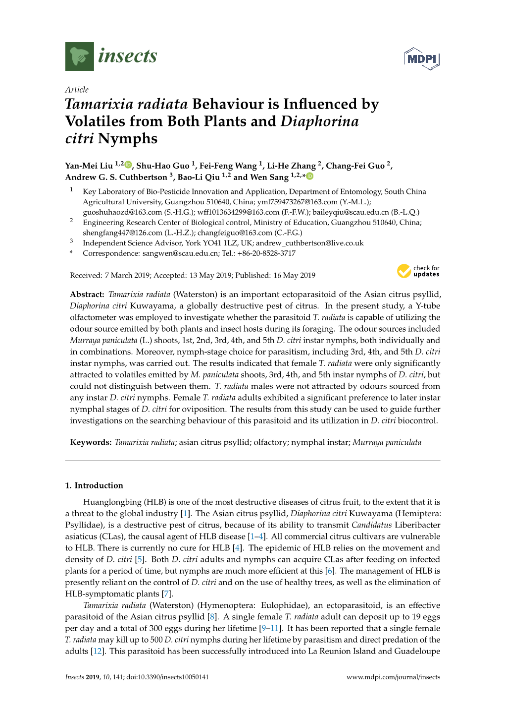 Tamarixia Radiata Behaviour Is Influenced by Volatiles from Both