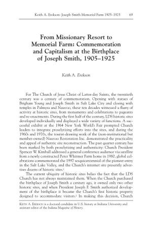 From Missionary Resort to Memorial Farm: Commemoration and Capitalism at the Birthplace of Joseph Smith, 1905–1925