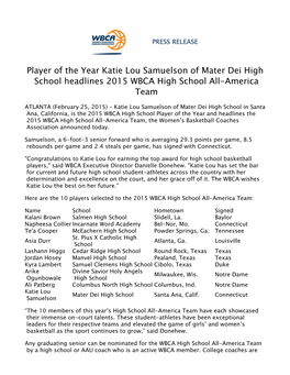 Player of the Year Katie Lou Samuelson of Mater Dei High School Headlines 2015 WBCA High School All-America Team