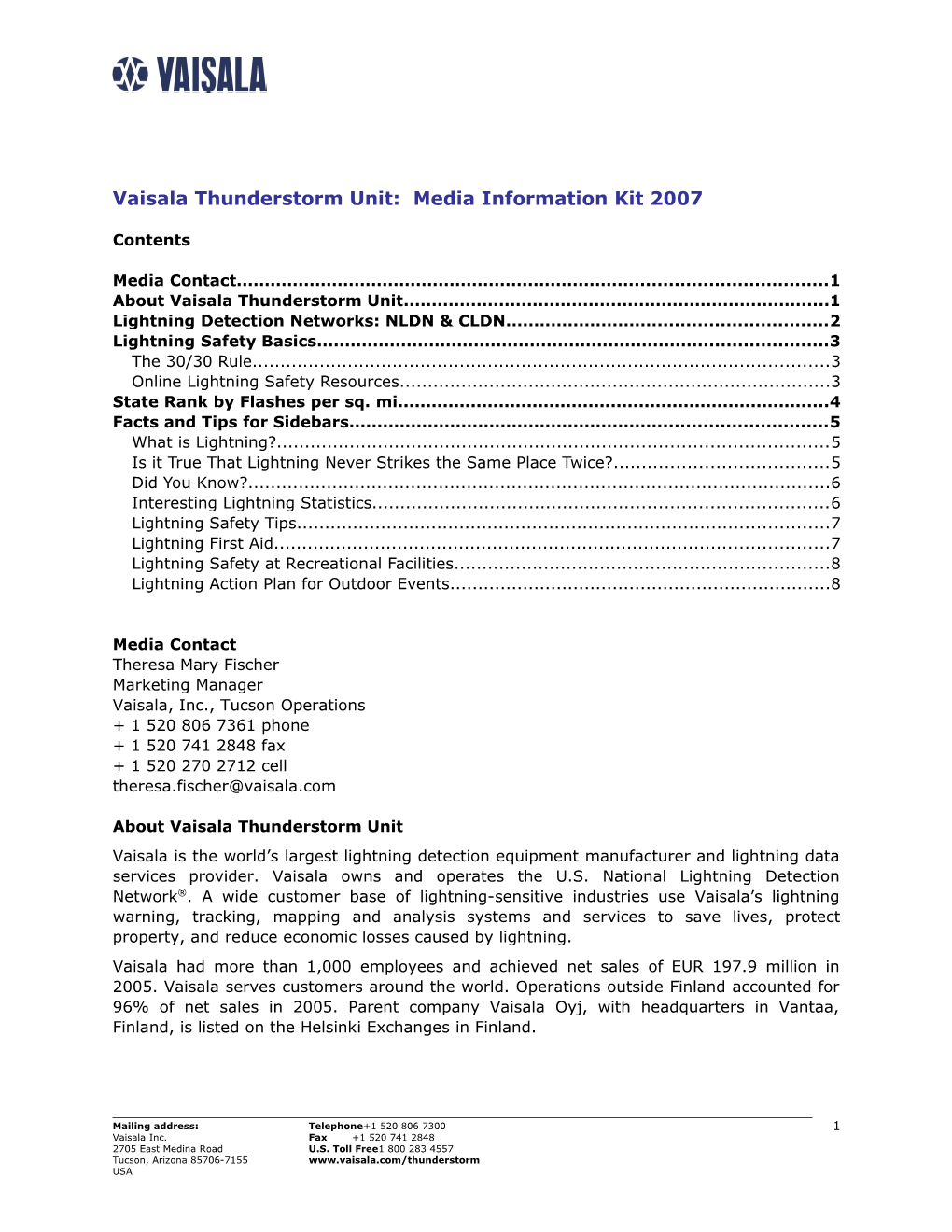 Vaisala Thunderstorm Unit: Media Information Kit 2007