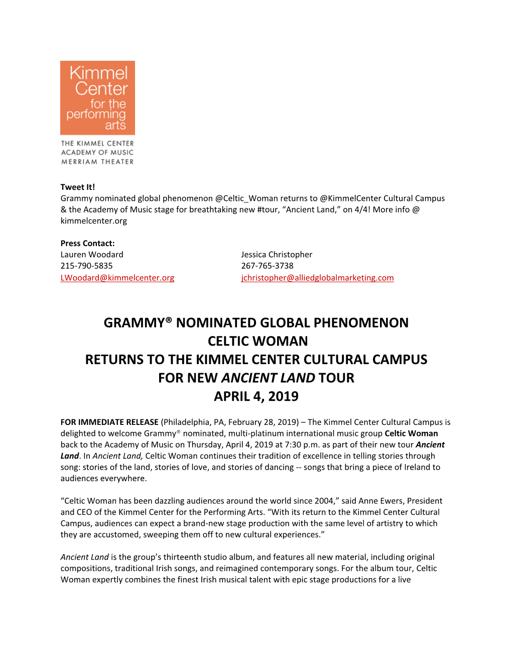 Grammy® Nominated Global Phenomenon Celtic Woman Returns to the Kimmel Center Cultural Campus for New Ancient Land Tour April 4, 2019