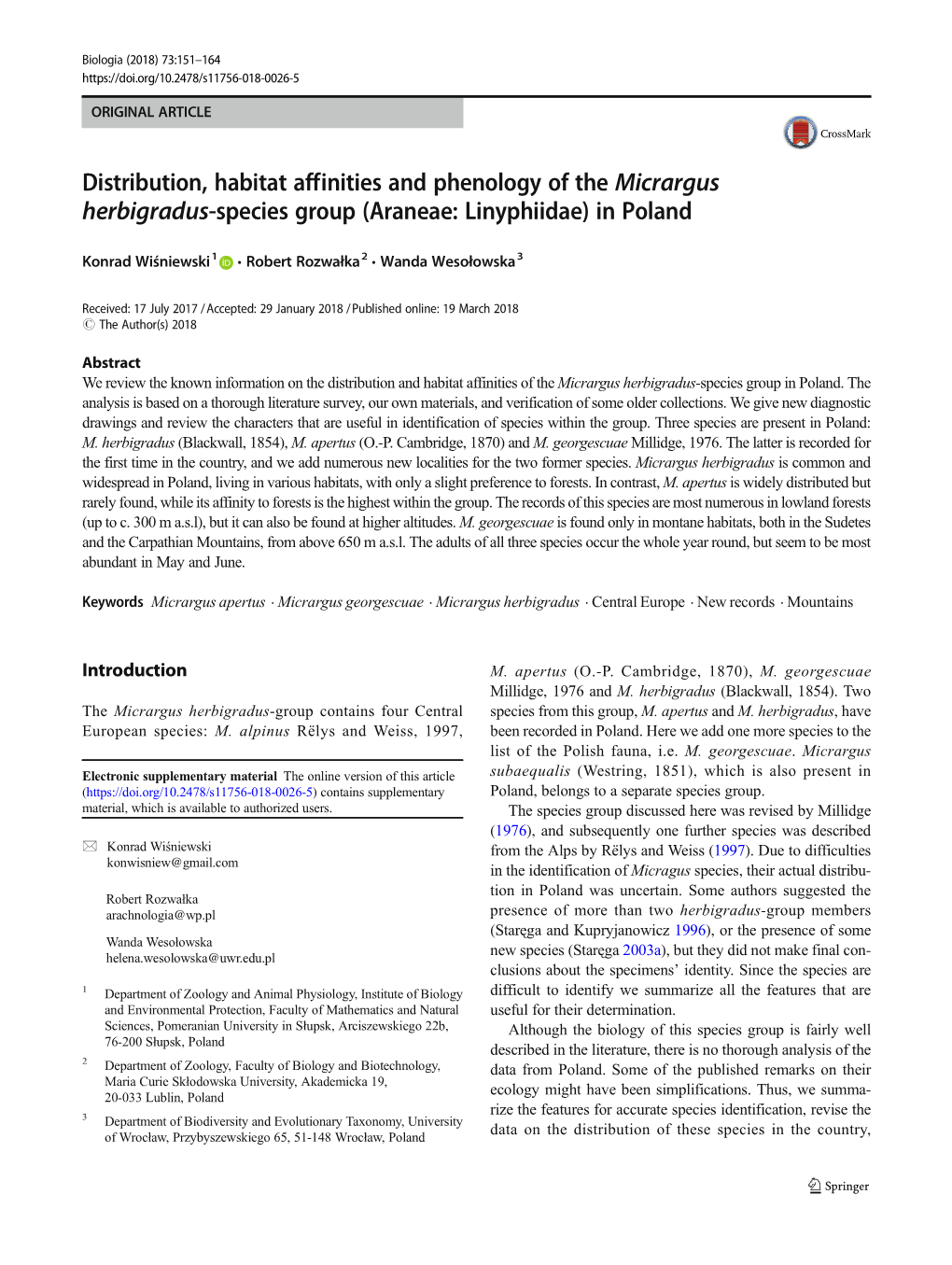 Distribution, Habitat Affinities and Phenology of the Micrargus Herbigradus-Species Group (Araneae: Linyphiidae) in Poland