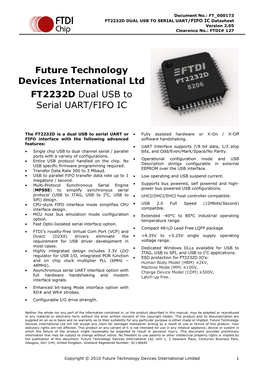 FT2232D DUAL USB to SERIAL UART/FIFO IC Datasheet Version 2.05 Clearance No.: FTDI# 127