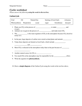 Cycles Worksheet Please Answer the Following Using the Words in the Text Box
