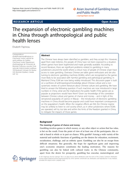 The Expansion of Electronic Gambling Machines in China Through Anthropological and Public Health Lenses Elisabeth Papineau