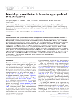 Potential Sperm Contributions to the Murine Zygote Predicted by in Silico Analysis