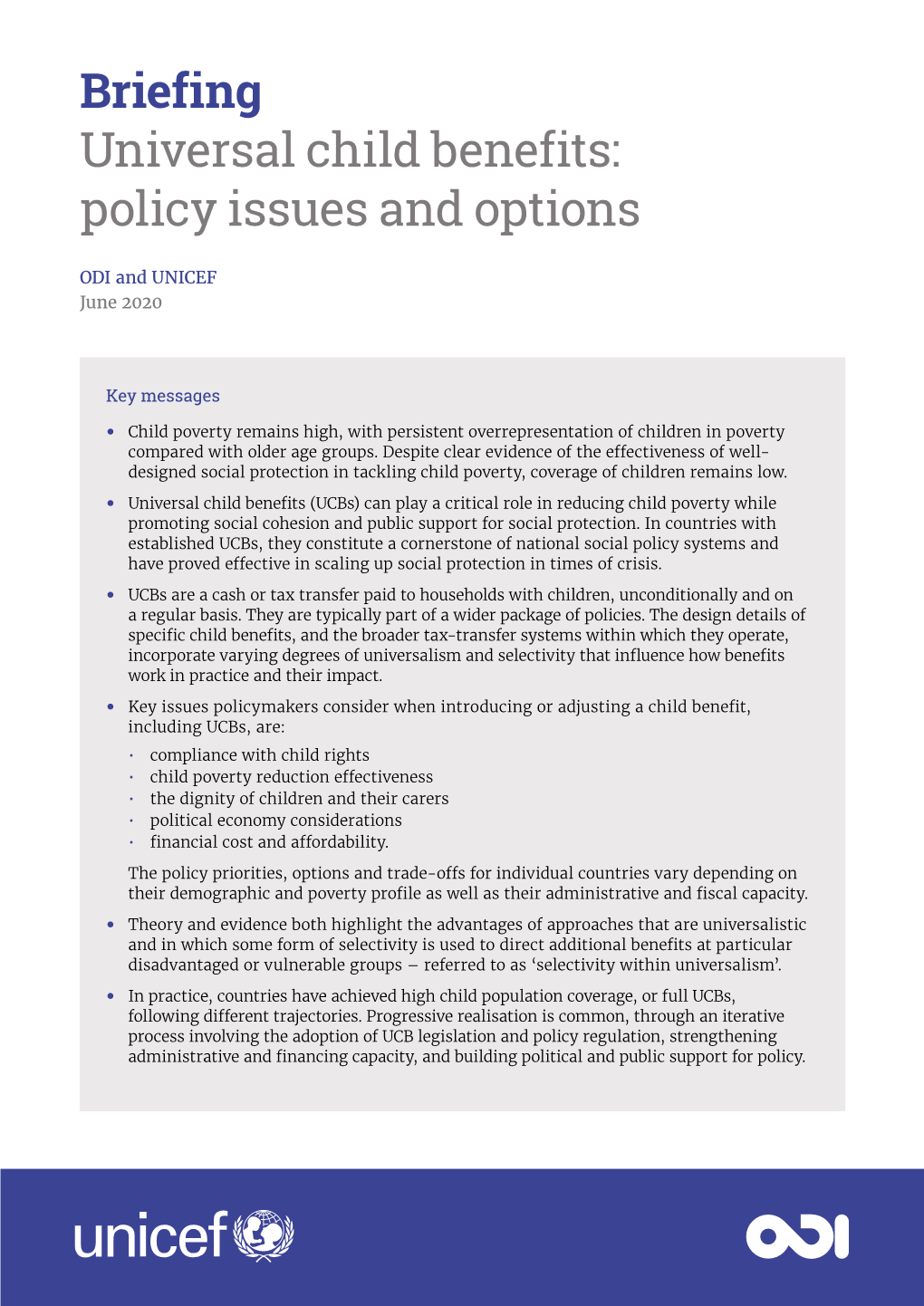 Briefing Universal Child Benefits: Policy Issues and Options