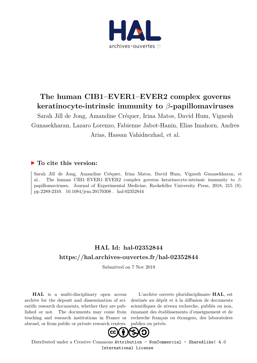 The Human CIB1–EVER1–EVER2 Complex Governs Keratinocyte