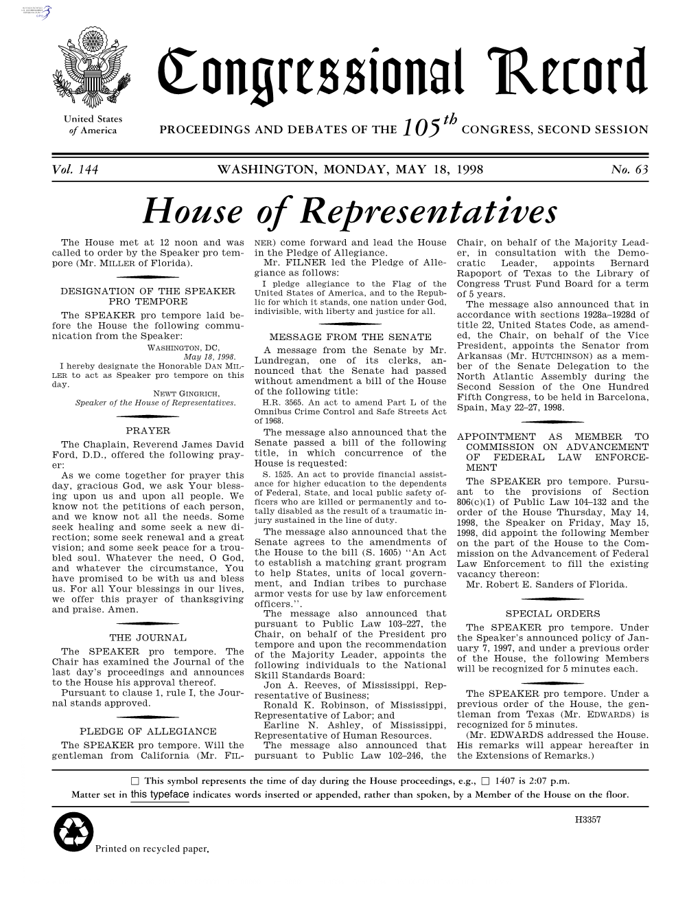 Congressional Record United States Th of America PROCEEDINGS and DEBATES of the 105 CONGRESS, SECOND SESSION