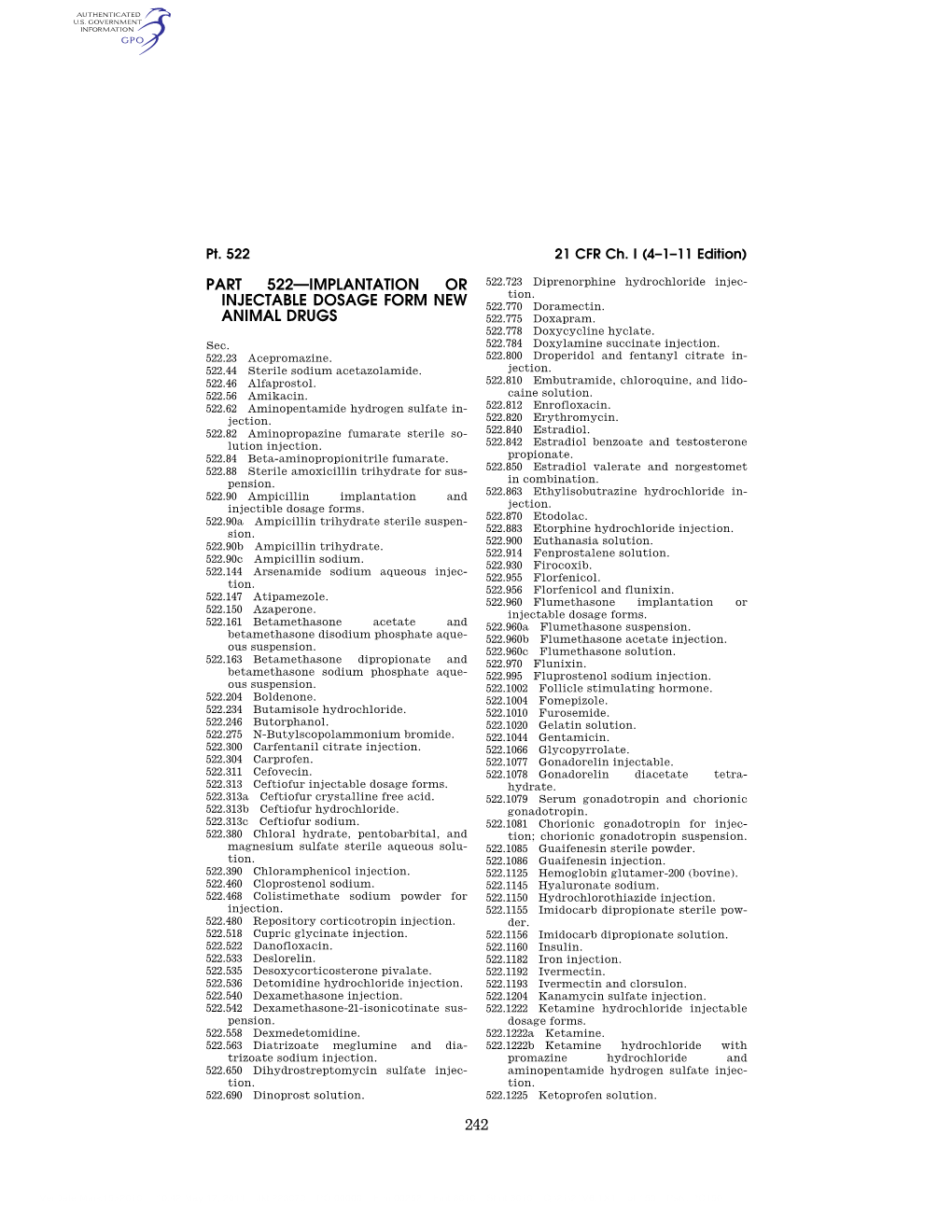 242 Part 522—Implantation Or Injectable Dosage Form