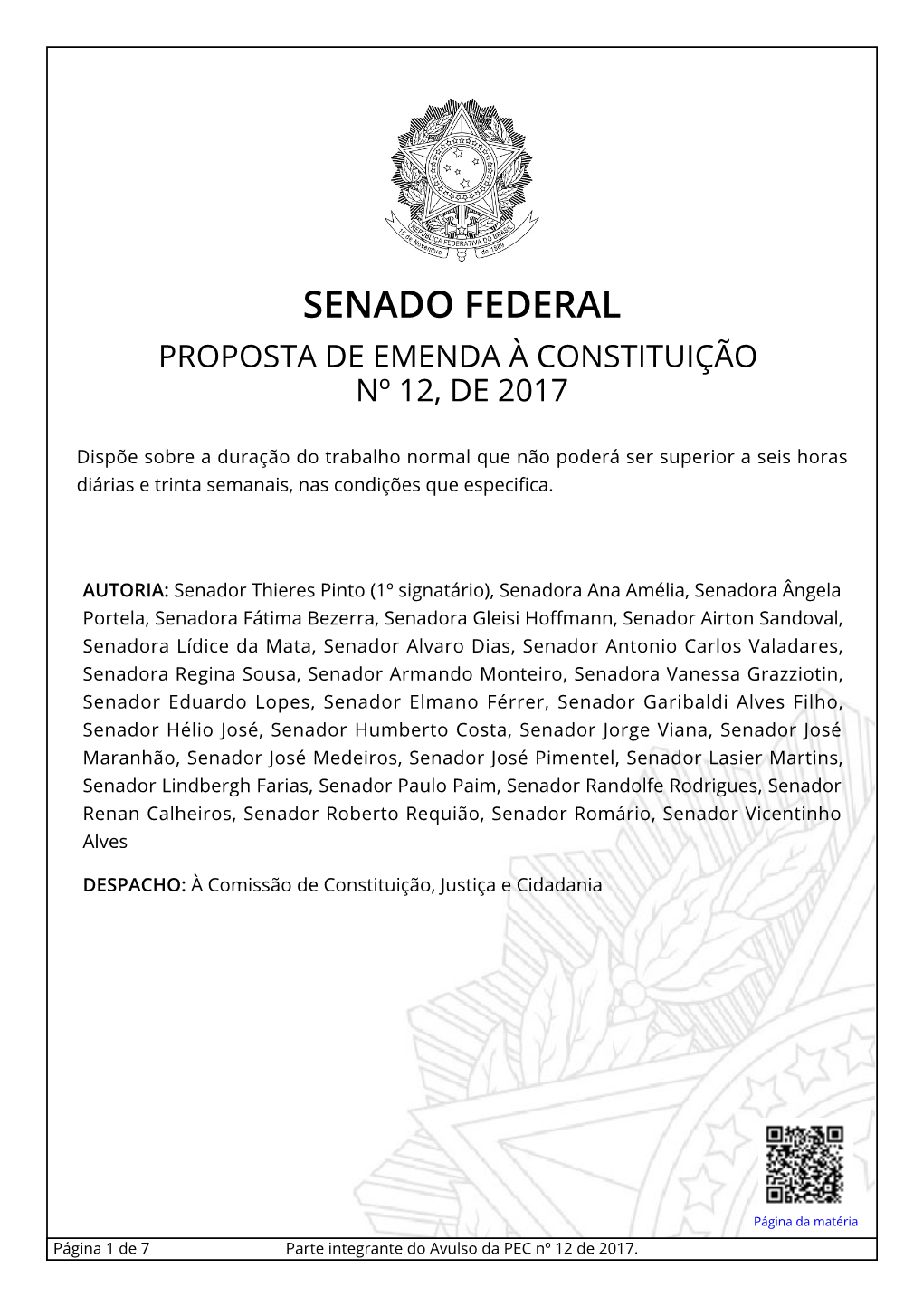Senado Federal Proposta De Emenda À Constituição Nº 12, De 2017