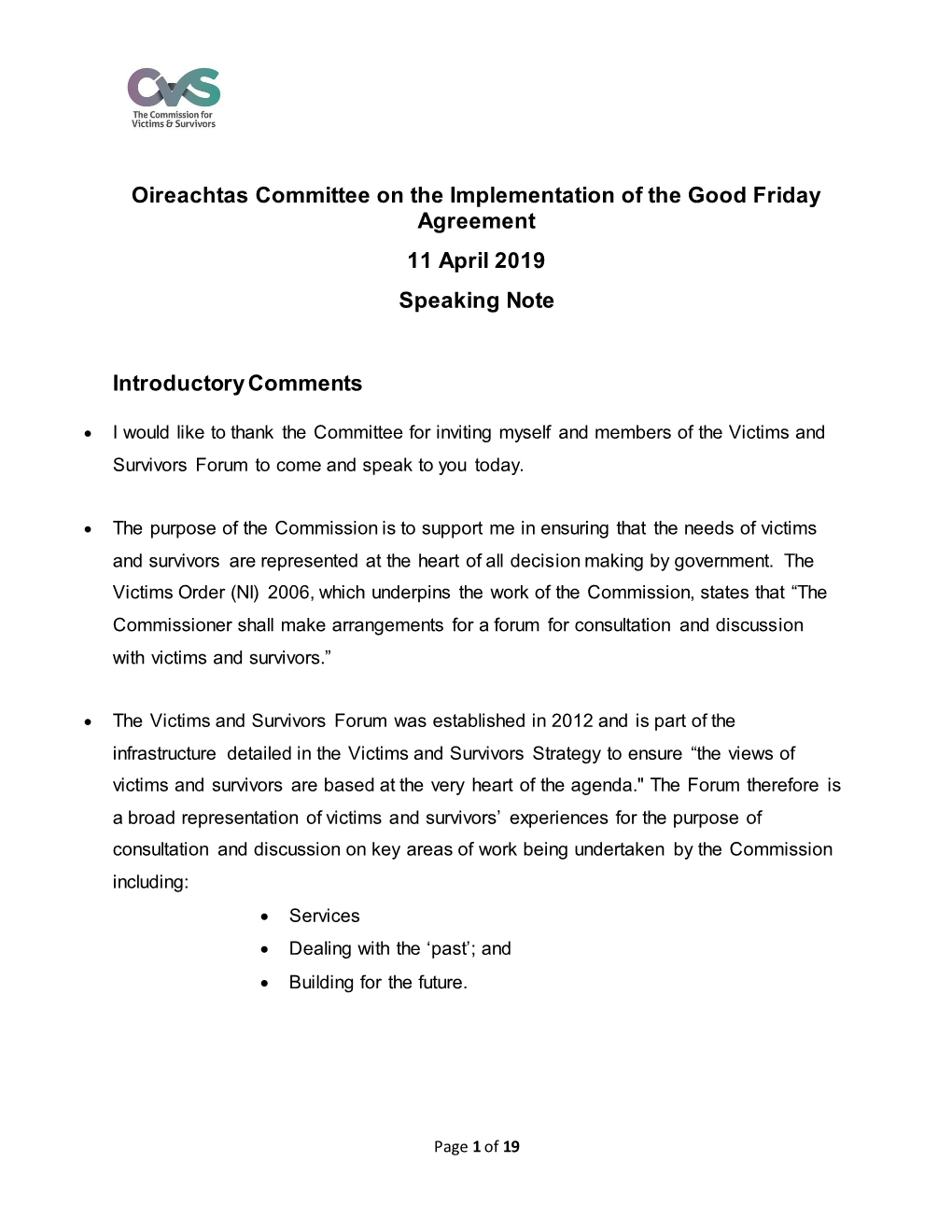 Oireachtas Committee on the Implementation of the Good Friday Agreement 11 April 2019 Speaking Note