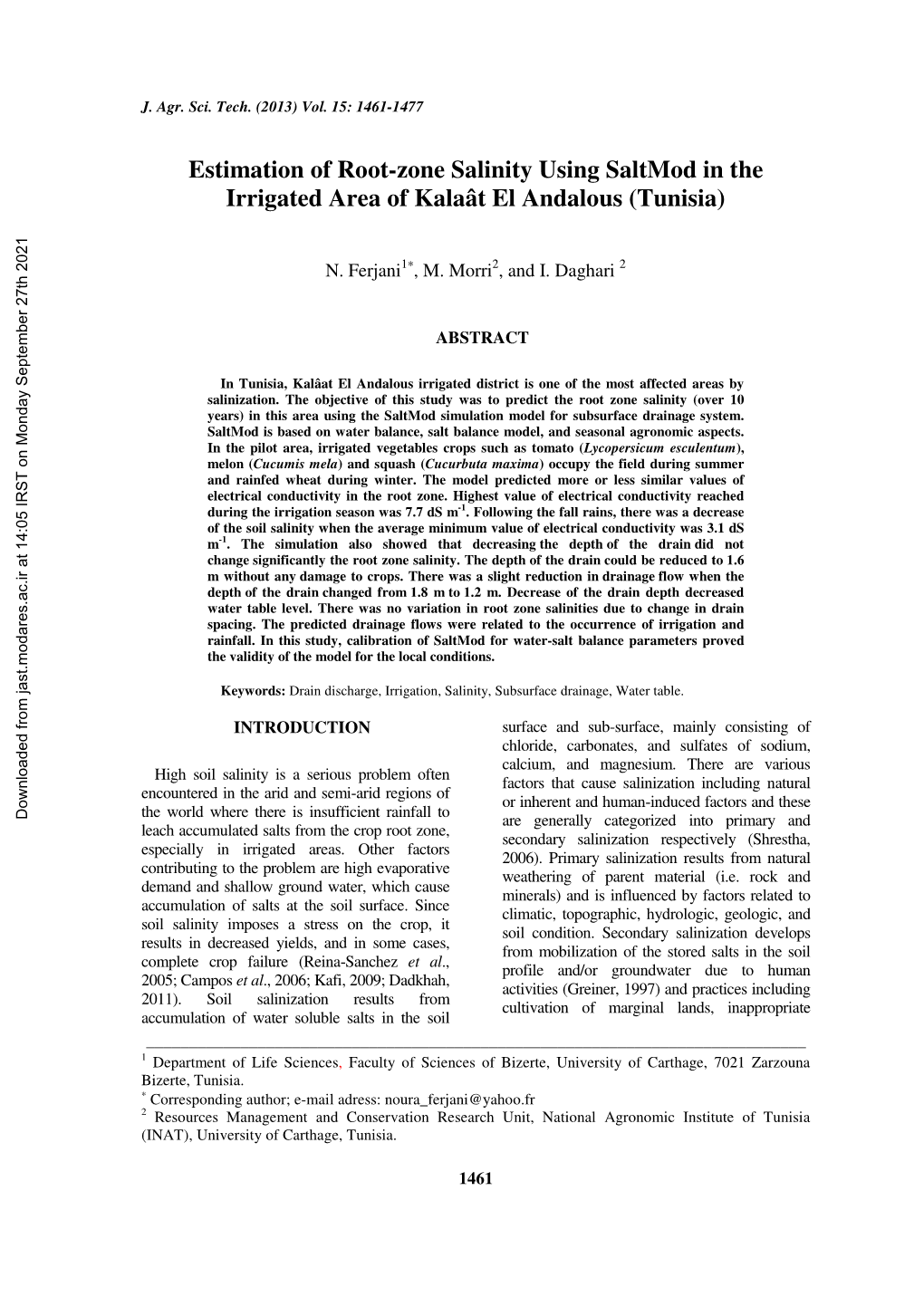 Estimation of Root-Zone Salinity Using Saltmod in the Irrigated Area of Kalaât El Andalous (Tunisia)