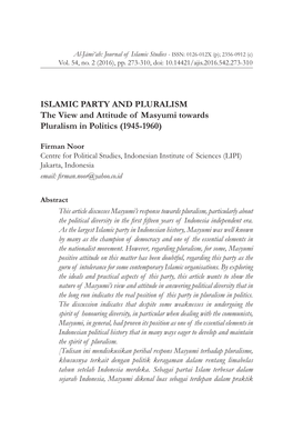 ISLAMIC PARTY and PLURALISM the View and Attitude of Masyumi Towards Pluralism in Politics (1945-1960)