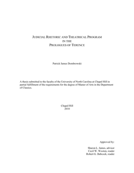 Judicial Rhetoric and Theatrical Program in the Prologues of Terence