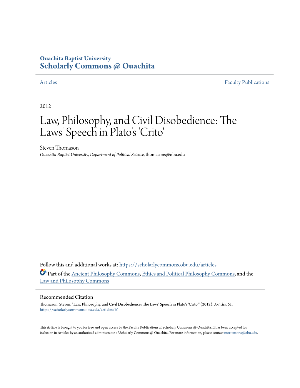 Law, Philosophy, and Civil Disobedience: the Laws' Speech In