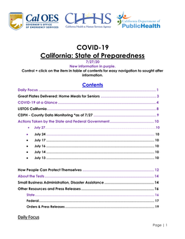 COVID-19 California: State of Preparedness 7/27/20 New Information in Purple