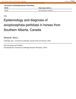 Epidemiology and Diagnosis of Anoplocephala Perfoliata in Horses from Southern Alberta, Canada