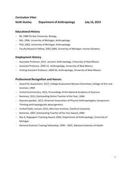 Curriculum Vitae Keith Hunley Department of Anthropology July 16, 2019