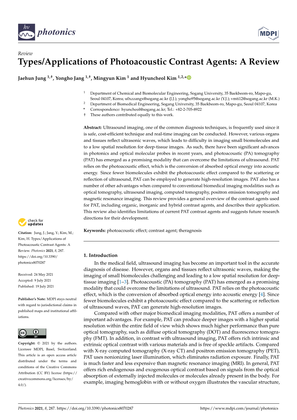 Types/Applications of Photoacoustic Contrast Agents: a Review