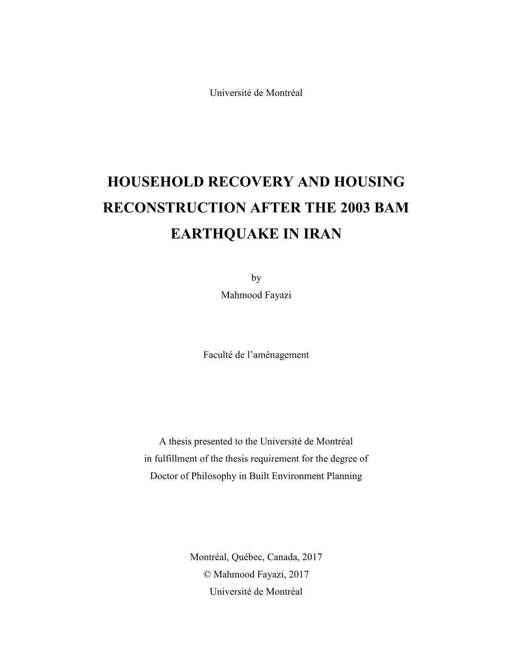 Household Recovery and Housing Reconstruction After the 2003 Bam Earthquake in Iran