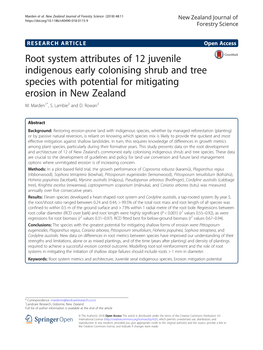 Root System Attributes of 12 Juvenile Indigenous Early Colonising Shrub and Tree Species with Potential for Mitigating Erosion in New Zealand M