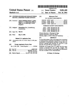 H|||||||||I|| USOOSO91 189A United States Patent (19) 11 Patent Number: 5,091,189 Heafield Et Al