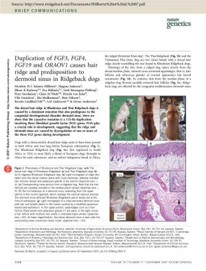 Duplication of FGF3, FGF4, FGF19 and ORAOV1 Causes Hair Ridge and Predisposition to Dermoid Sinus in Ridgeback Dogs