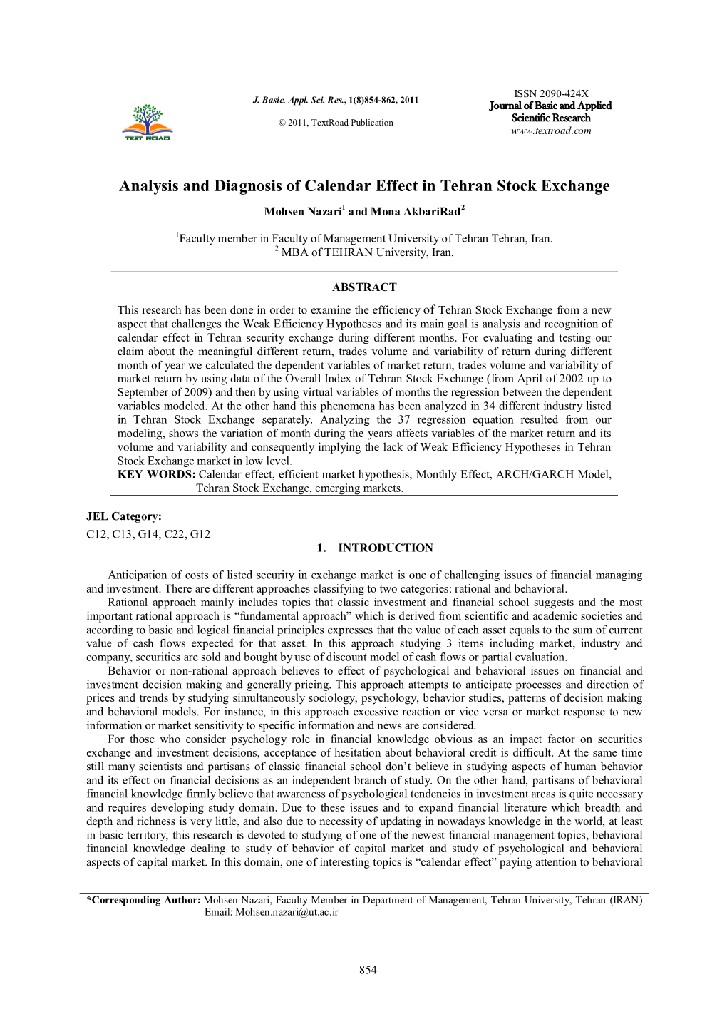 Analysis and Diagnosis of Calendar Effect in Tehran Stock Exchange