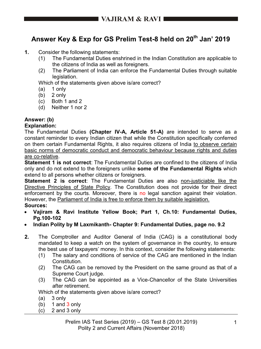 Answer Key & Exp for GS Prelim Test-8 Held on 20 Th Jan' 2019