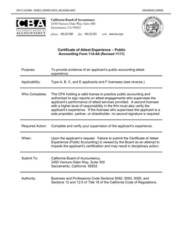 Certificate of Attest Experience – Public Accounting Form 11A-6A (Revised 11/17)