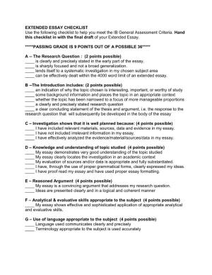 EXTENDED ESSAY CHECKLIST Use the Following Checklist to Help You Meet the IB General Assessment Criteria