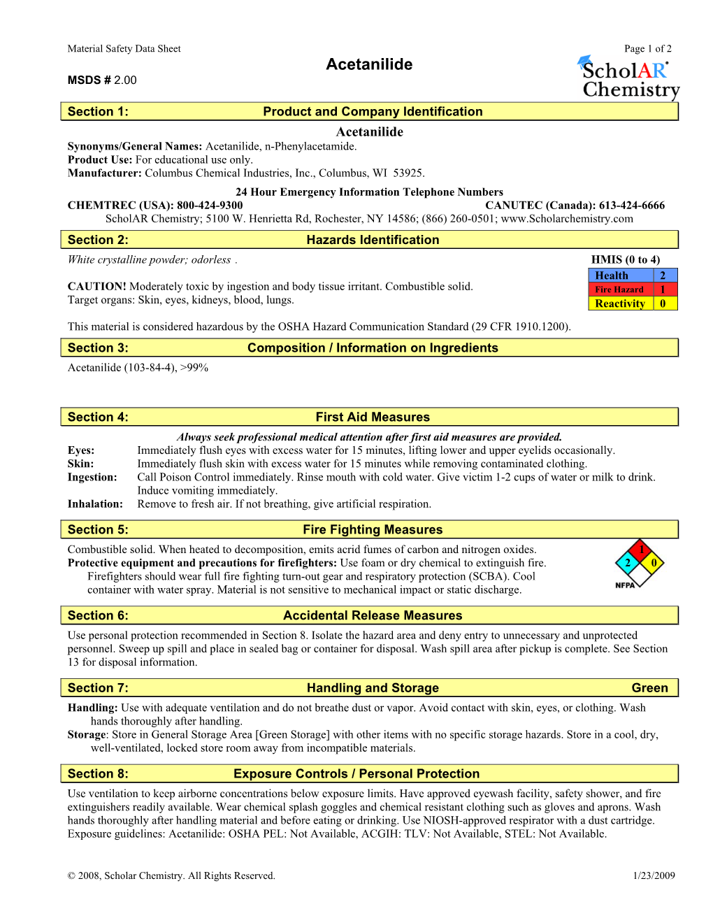 Acetanilide MSDS # 2.00