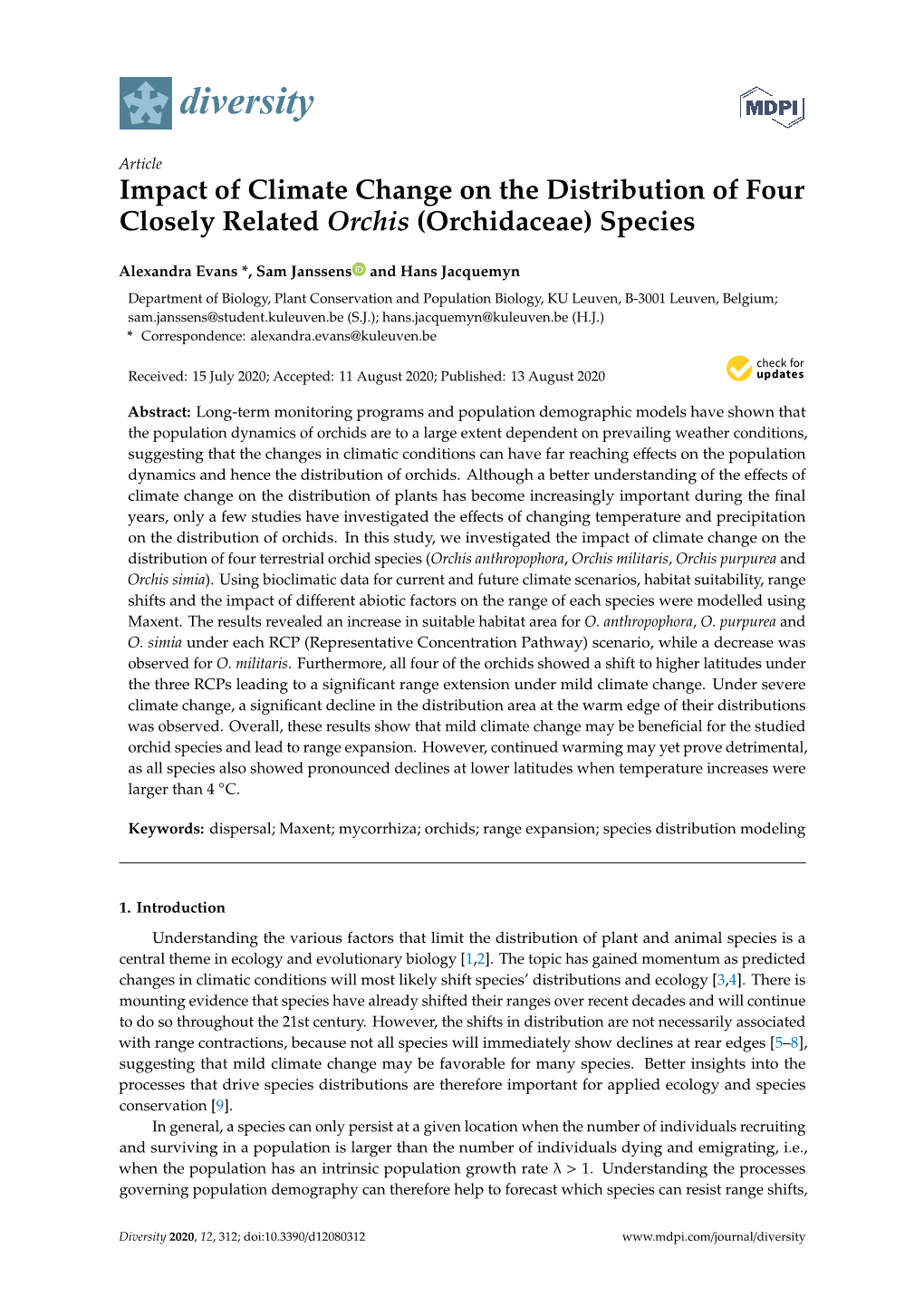 Impact of Climate Change on the Distribution of Four Closely Related Orchis (Orchidaceae) Species