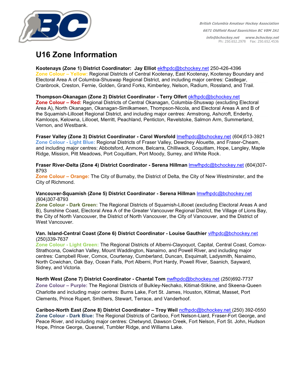 U16 Zone Information