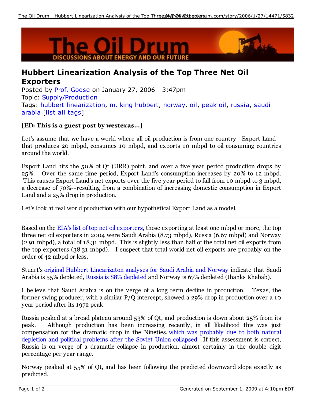 Hubbert Linearization Analysis of the Top Three Net Oil Exporters Posted by Prof