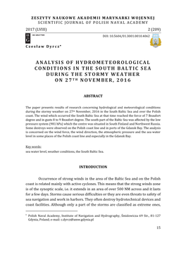 Analysis of Hydrometeorological Conditions in the South Baltic Sea During the Stormy Weather O N 2 7 Th November, 2016