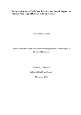 An Investigation of Self-Care Practice and Social Support of Patients with Type 2 Diabetes in Saudi Arabia