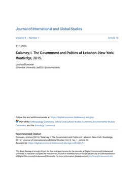 Salamey, I. the Government and Politics of Lebanon. New York: Routledge, 2015