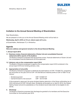 Invitation to the Annual General Meeting of Shareholders Agenda