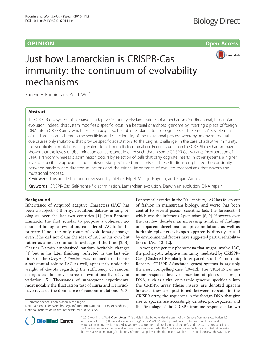 Just How Lamarckian Is CRISPR-Cas Immunity: the Continuum of Evolvability Mechanisms Eugene V