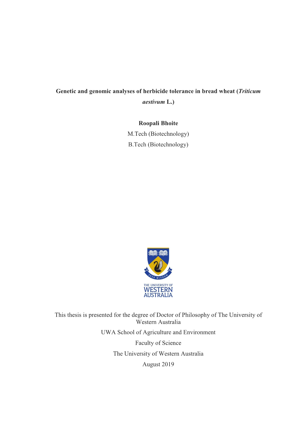 Genetic and Genomic Analyses of Herbicide Tolerance in Bread Wheat (Triticum Aestivum L.)